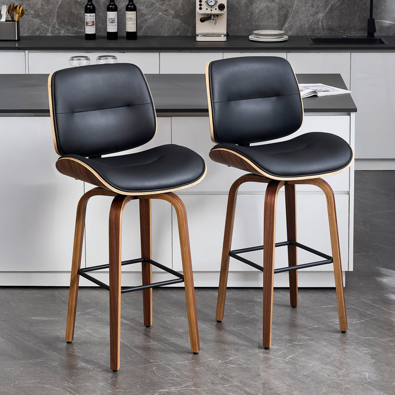 Swivel Upholstered Bar Stool with Solid Wood Frame, Black