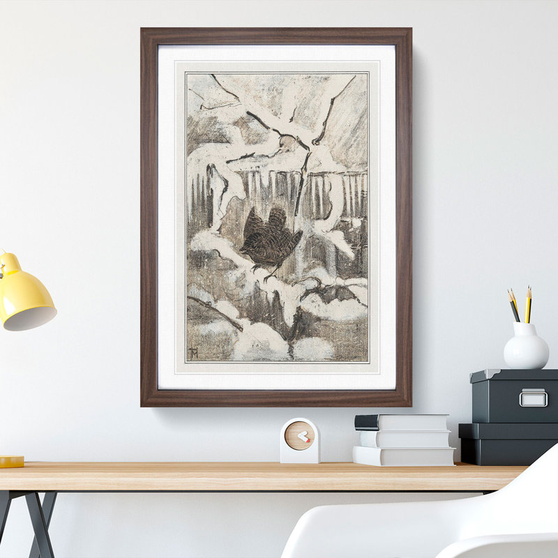Wren on Snowy Branch by Theo Van Hoytema - Picture Frame Painting, Walnut Framed, 36cm H x 27cm W x 2cm D
