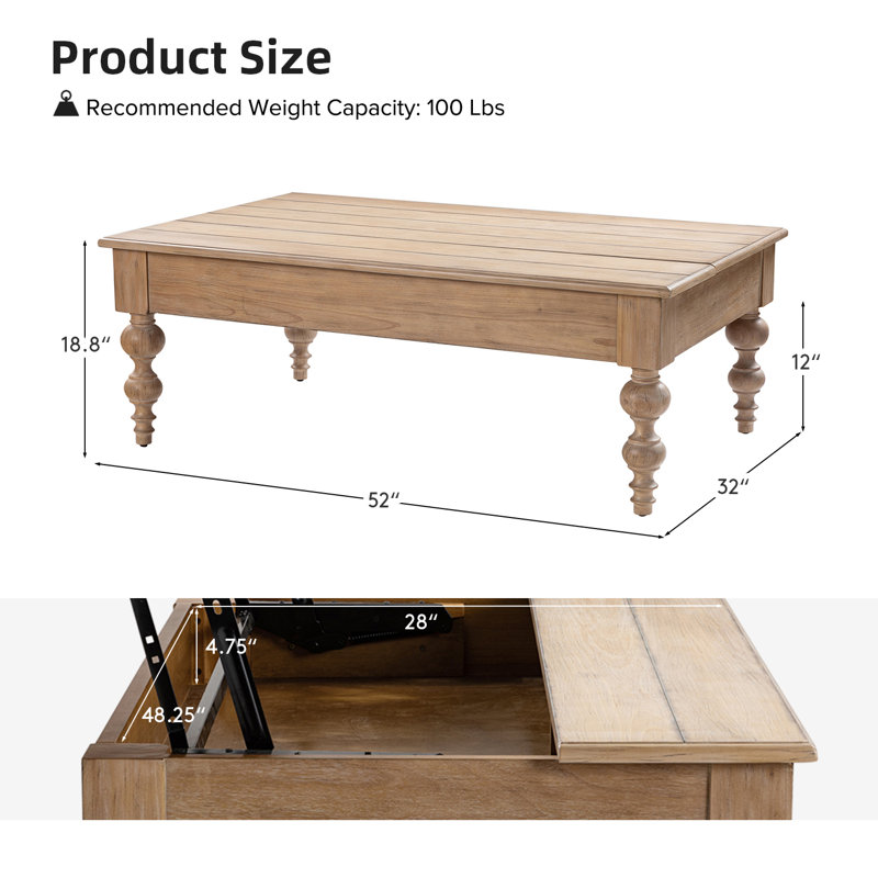 Aristidh Rectangular Lift Top Coffee Table with Storage Shelf, Natural