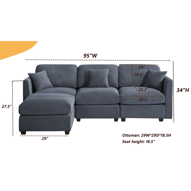 Bustamante 4-seats L-shape Sofa Couch With Ottoman, Dark Gray