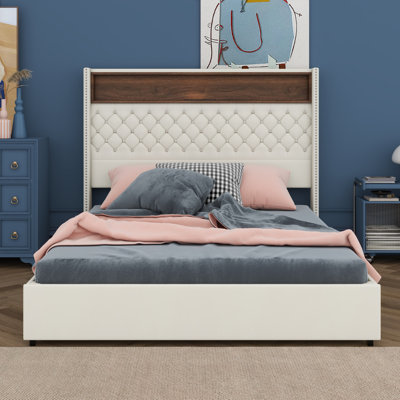 Lit pour grand lit avec port USB et veilleuse, lit plateforme à oreilles avec tablette de tête de lit, lit moelleux capitonné en velours