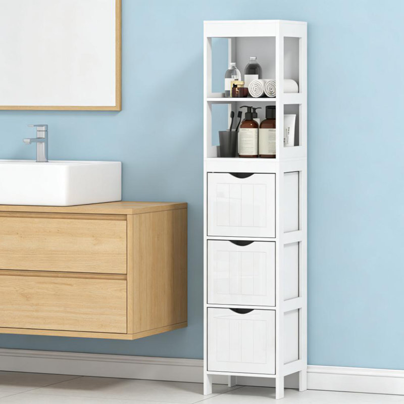 Narrow Bathroom Storage Cabinet, Bathroom Cabinet With 3 Drawers & 2 Open Shelves, Freestanding Slim Bathroom Floor Cabinet For Small Spaces, White