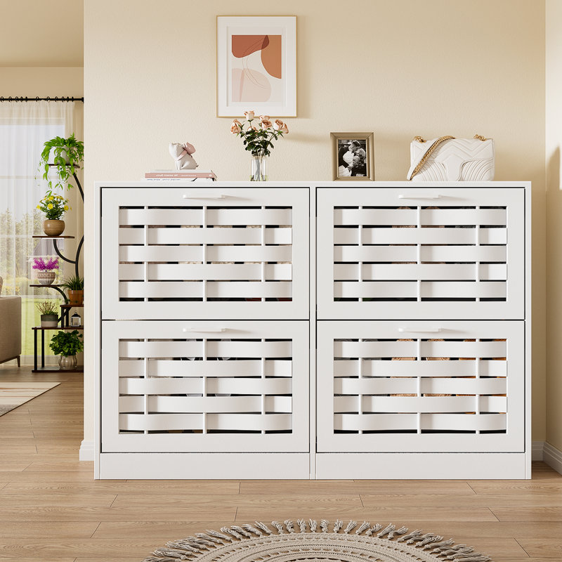 Shoe Cabinet With 4 Flip-Top Drawers For Entryway, Slim Hidden Shoe Rack For Hallways, White
