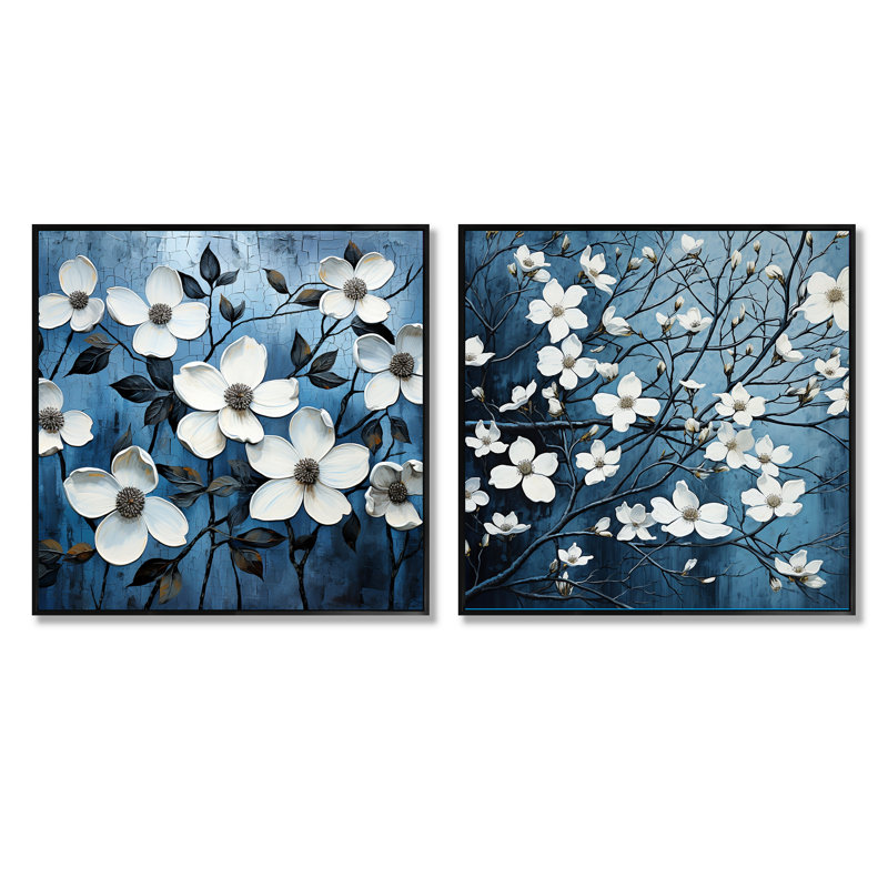 Blanc et noir cornouiller Bloompetal Whispers - cornouiller carré ensemble de 2, Cadre flottant noir, H 16 po x l 33 po