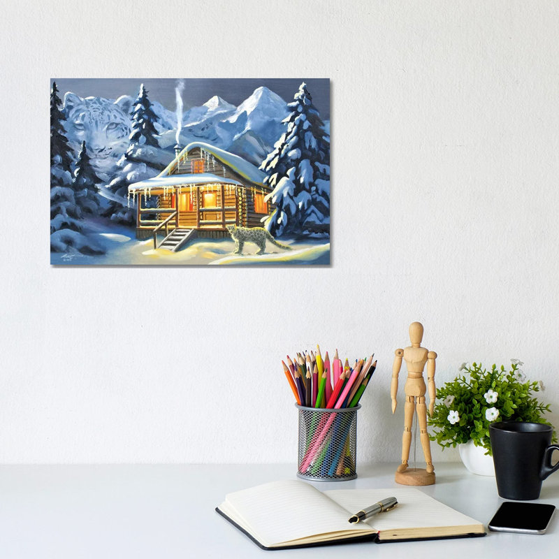 Snow Leopard And Cabin by D. "Rusty" Rust - Wrapped Canvas Gallery-Wrapped Canvas Giclée, 20.32 cm H x 30.48 cm W