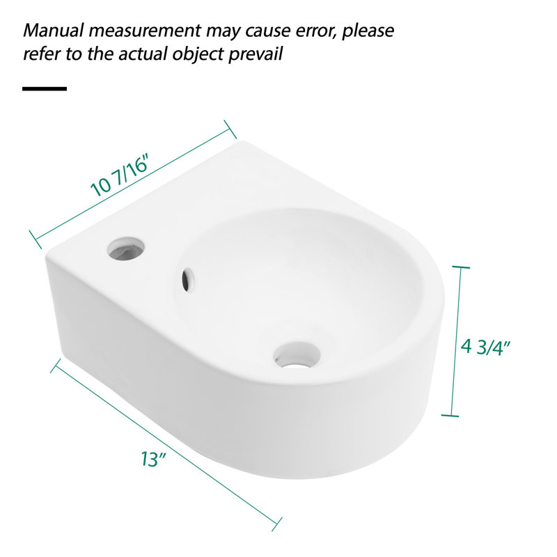 Lavabo de salle de bain mural rectangulaire en céramique 13 "x10,4" avec trou de robinet simple