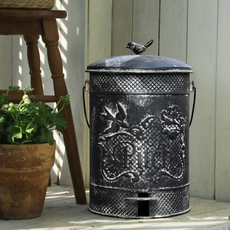 Poubelle vintage à pédale de 7,5 litres (2 gallons) avec couvercle, sac poubelle et poignée, style rustique, noire., Noir