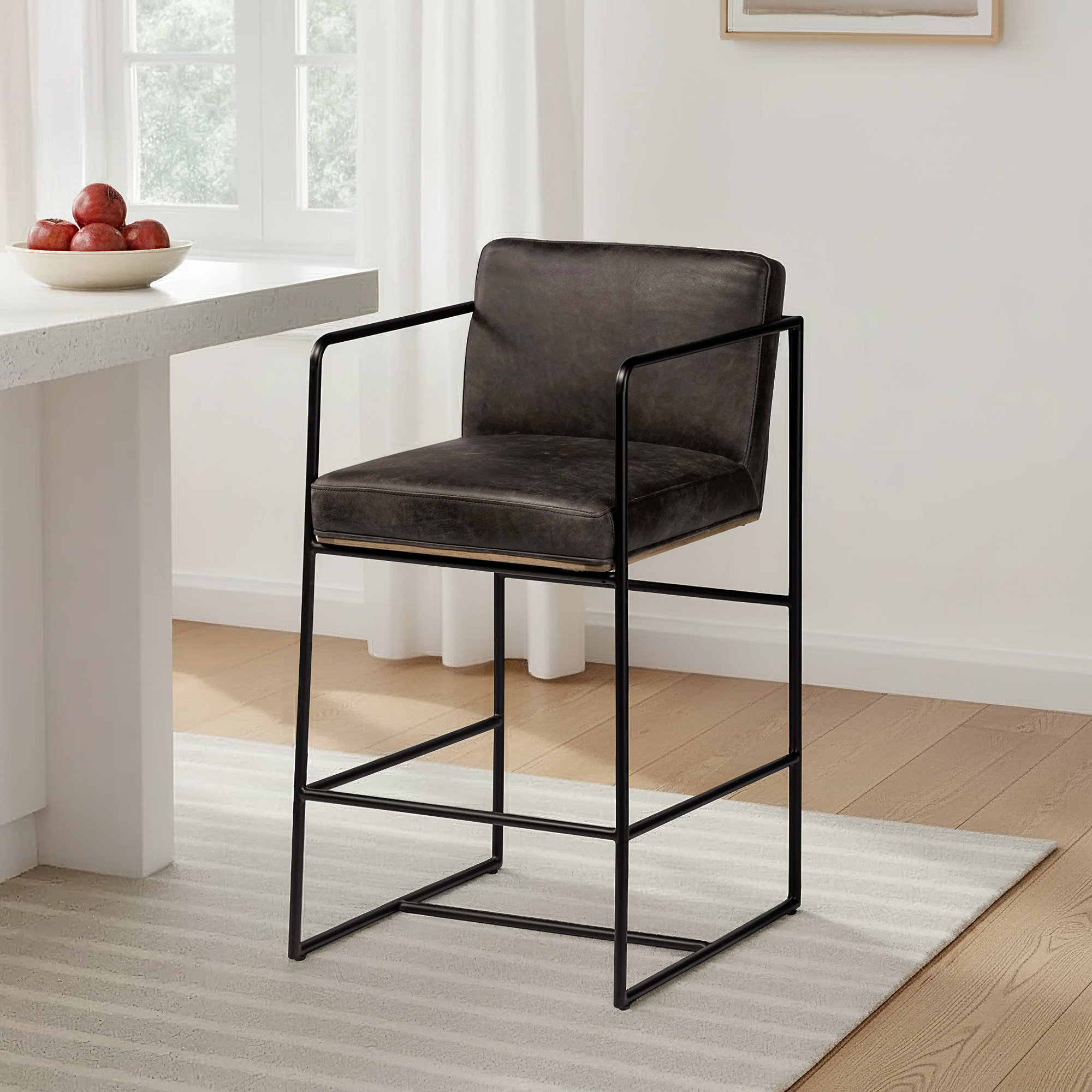 Sidney Genuine Leather Bar & Counter Stool, Dark Gray, Counter Stool (26” Seat Height)