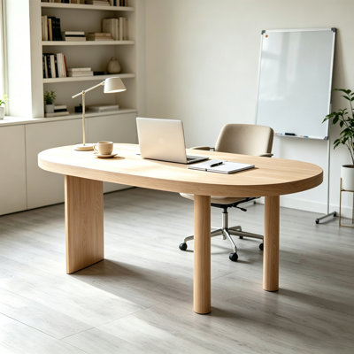 Bureau double 70,9 po moderne ovale, finition grain de bois, espace de travail spacieux, base sculpturale à 3 pieds