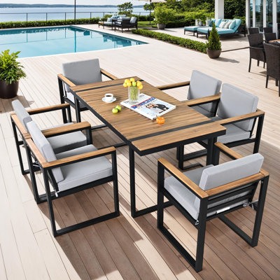 7-Piece Outdoor Dining Set, Acacia Wood Table & Chairs with Removable Cushions