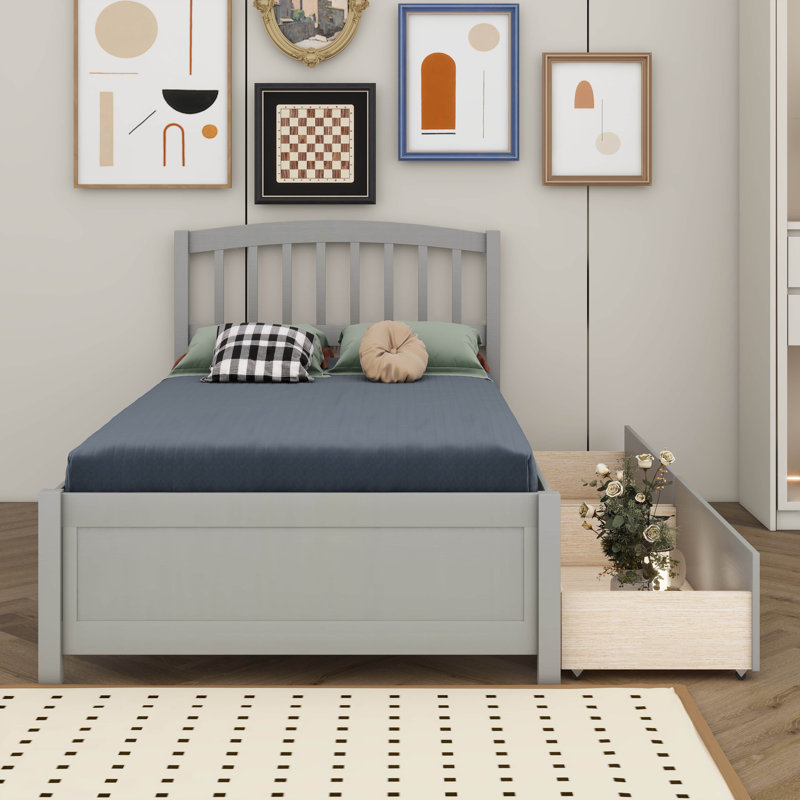 Lit simple en bois avec 2 tiroirs de rangement, lit plateforme en bois massif avec tête de lit, lattes en bois, Gris
