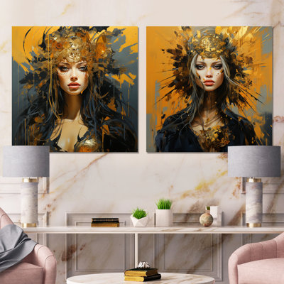 Or et noir Warrior Queen I - femme, art mural abstrait, ensemble de 2