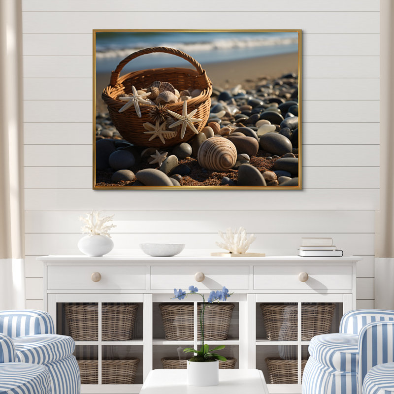 Plage, collage sur toile, Cadre flottant doré, H 16 po x l 32 po x P 1 po
