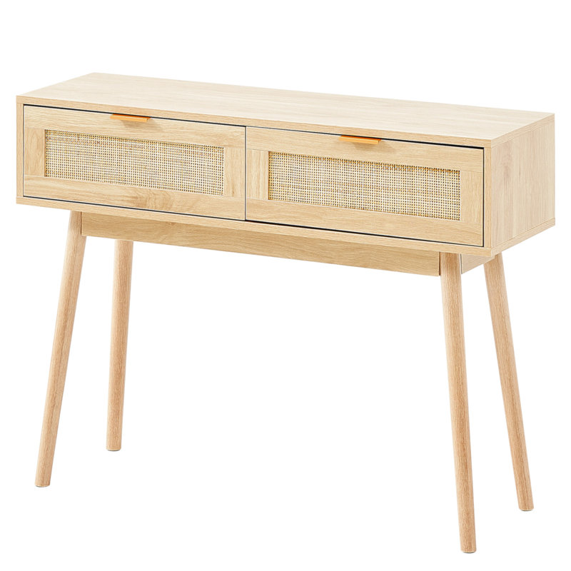 Console en rotin avec 2 tiroirs de rangement, table d'entrée en rotin avec porte coulissante en rotin naturel, table console pour salon, bureau, entrée ou mur de télévision
