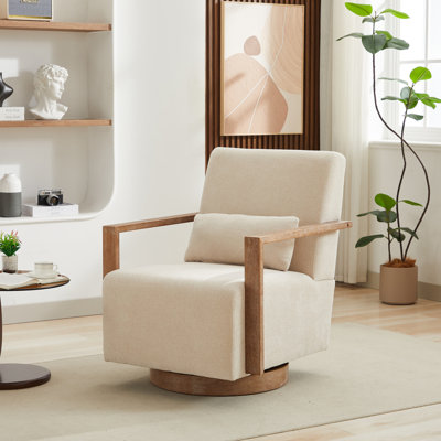 Fauteuil d'appoint pivotant de 29,72 po de largeur avec accoudoirs en bois massif et fauteuil de lecture confortable à 360 degrés, fauteuil d'appoint pour hôtel, chambre à coucher, salon, bureau et chambre de bébé. Beige