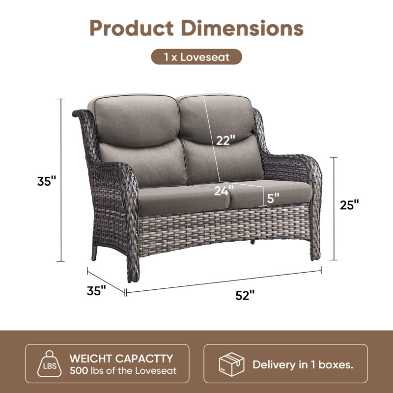 Simino Outdoor All-Weather PE Rattan Patio Loveseat With 5" Thick Cushions, Gray, Gray