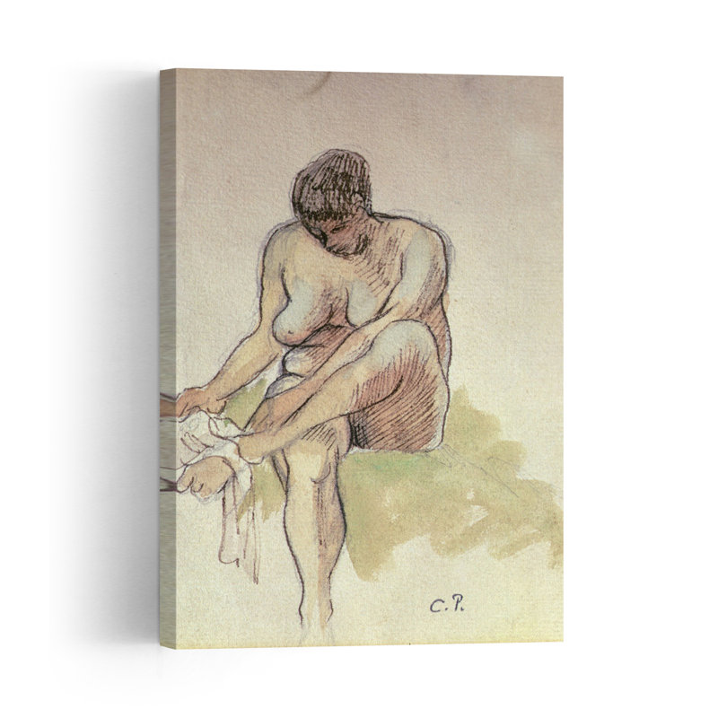 Naked Woman Wiping Left Foot Impressionist Abstract Contemporary Wall Art Print by Camille Pissarro - Wrapped Canvas Print