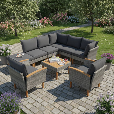 9-Piece Patio Rattan Furniture Set, Outdoor Conversation Set With Acacia Wood Legs & Tabletop, PE Rattan Sectional Sofa With Coffee Table & Washable Cushions, Gray