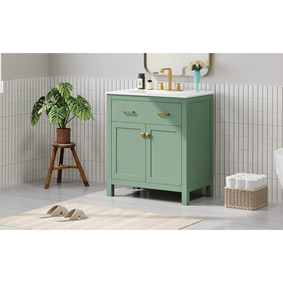 Meuble-lavabo de 30 pouces avec lavabo en céramique, armoire de salle de bain simple moderne avec 2 portes et une tablette, portes à fermeture douce