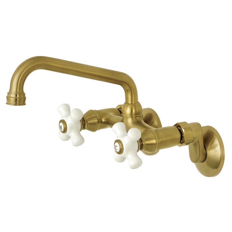 Kingston Double-Handle 2-Hole Wall-Mount Bridge Kitchen Faucet, Satin Brass