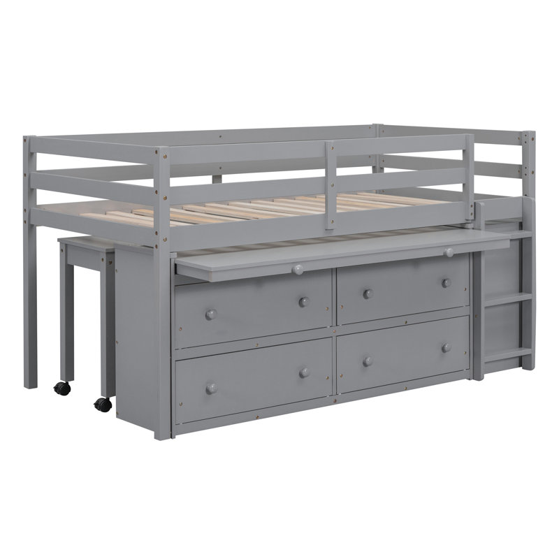 Loft Bed with Retractable Writing Desk and 4 Drawers, Wooden Loft Bed with Lateral Portable Desk and Shelves, Gray, Twin