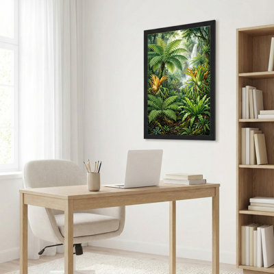 Toile noire encadrée en bois noir pour salon, chambre à coucher, bureau ou vestibule - décoration murale décorative avec jungle tropicale