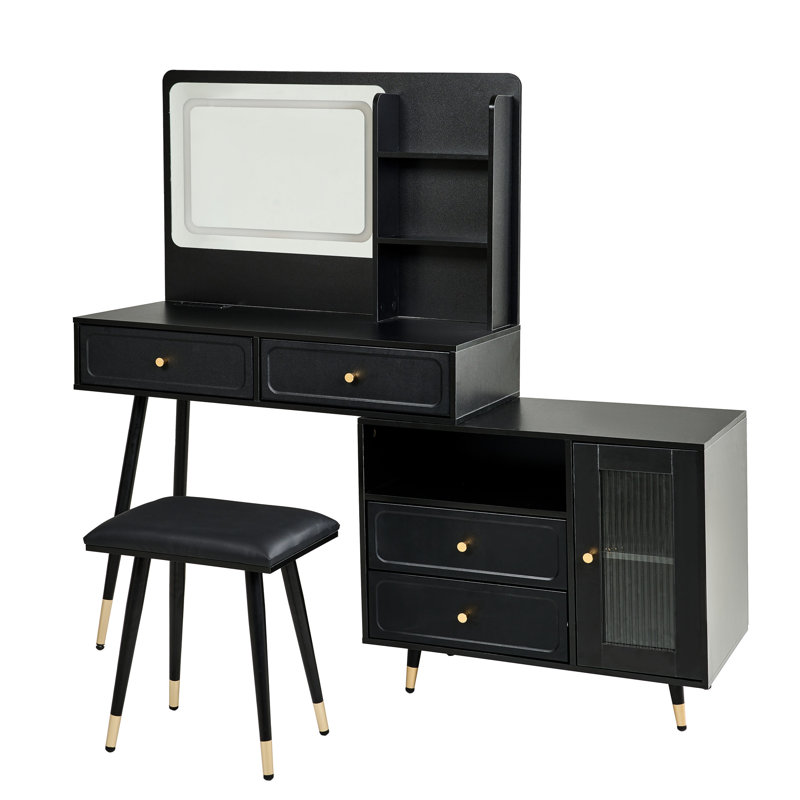 Black Makeup Vanity Desk With Retractable Cabinet, 3 - Drawer Chest, And Divided Compartments, Featuring Color Led Lights Built In Power Station Modern Side Layer Shelf, Offering Lighting Supply For