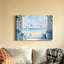 Tableau sur toile avec fenêtre blanche, hortensias bleus et papillons, vue sur la plage-479255908