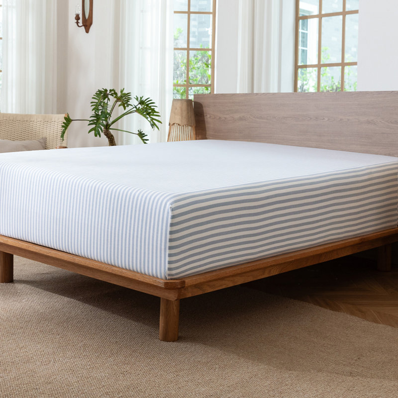 Drap-housse MooMee 100% coton lavé extra profond, Grand lit, Rayures classiques - bleuet et blanc