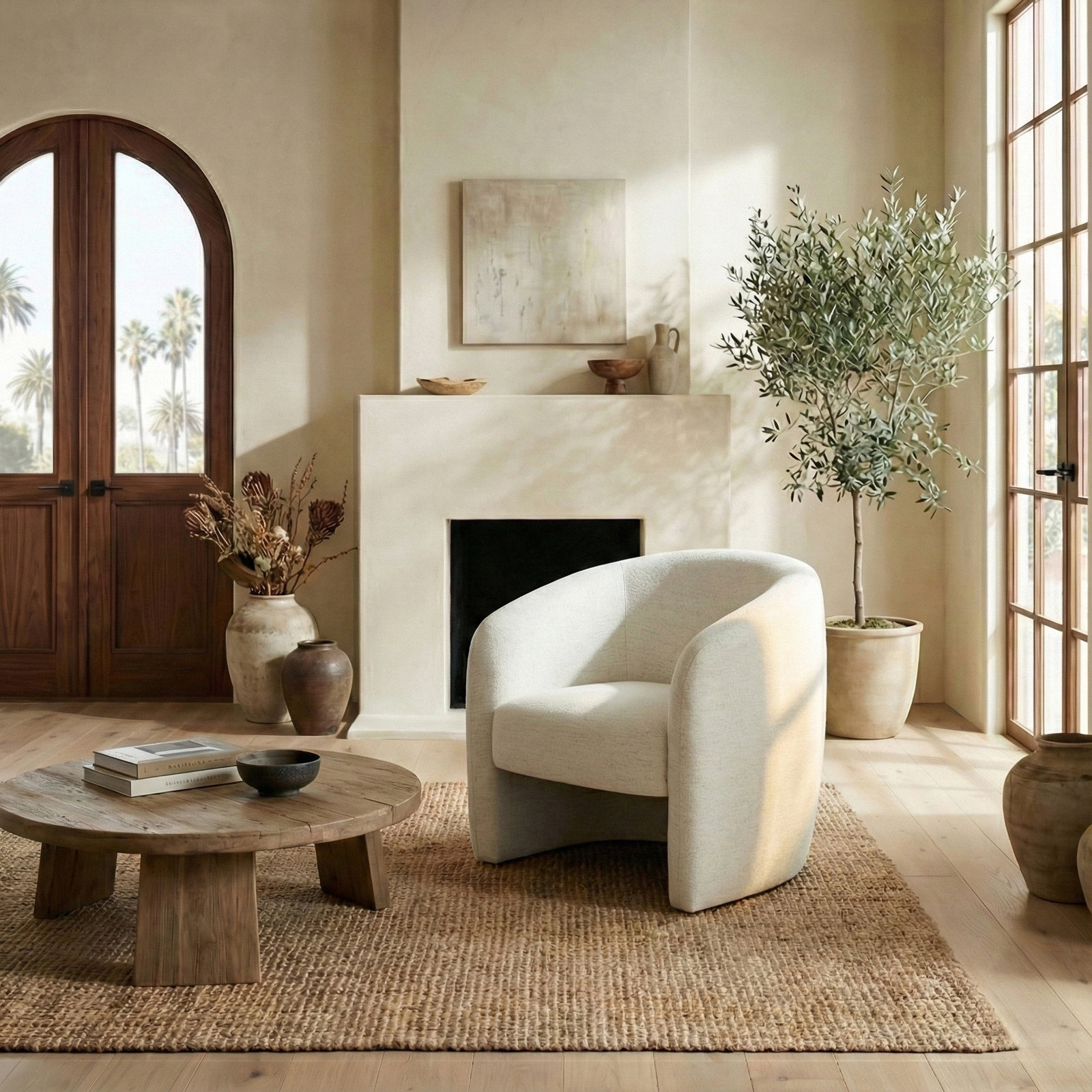 Solace Upholstered Barrel Chair, Taupe Chenille