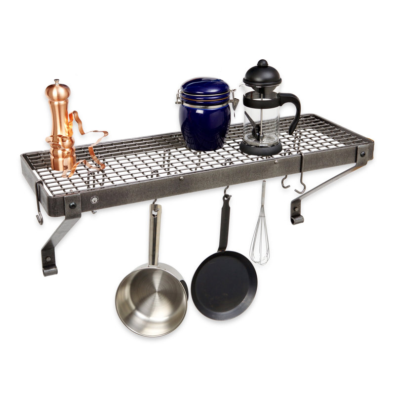 Gourmet USA Handcrafted Wall Mounted Pot Rack, Hammered Steel, 14" H x 36" W x 9" D