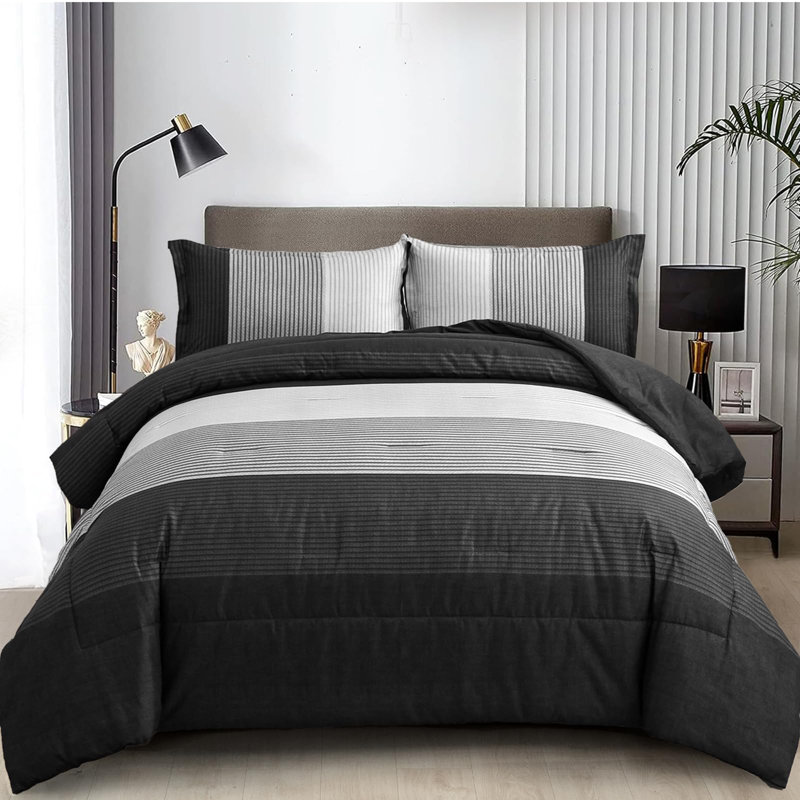 Ensemble d'édredon à rayures réversible 3 pièces en duvet synthétique doux toutes saisons, Noir