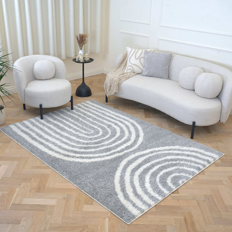 Moodi Modern Shaggy Area Rug Abstract Line Design, Off-White/Grey, Rectangle 80 x 150 cm