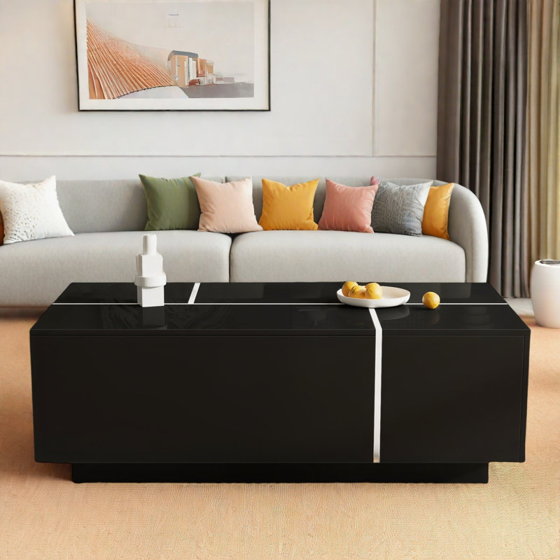 Table basse extensible avec finition ultrabrillante, 2 espaces de rangement cachés, 2 tiroirs et bords contrastants, Blanc