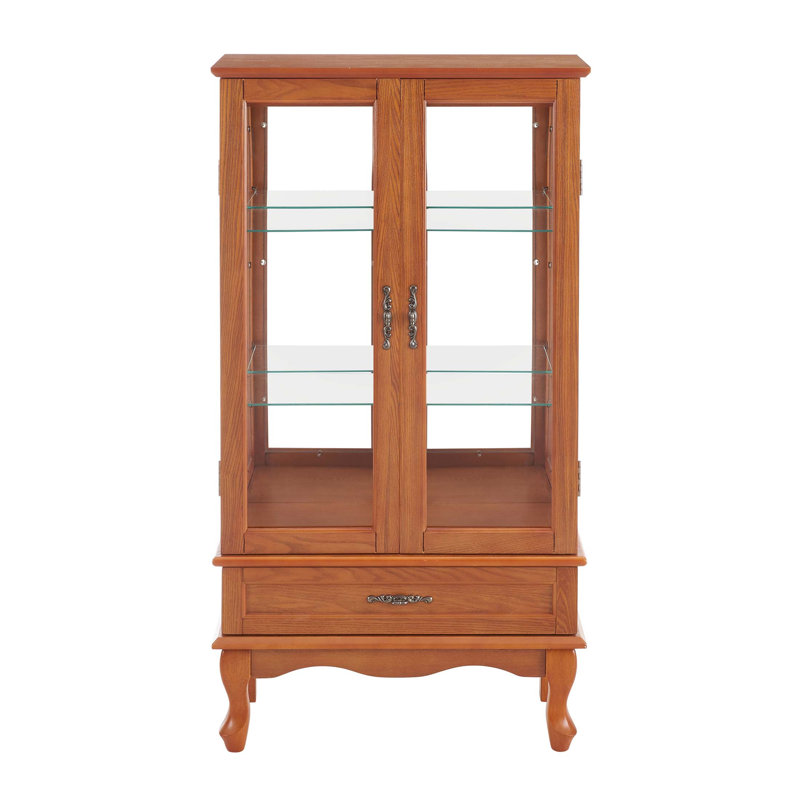 Lighted Glass Display Cabinet With Adjustable Shelves, Two Doors, One Drawer, And Bulb For Home Decor And Storage, Oak