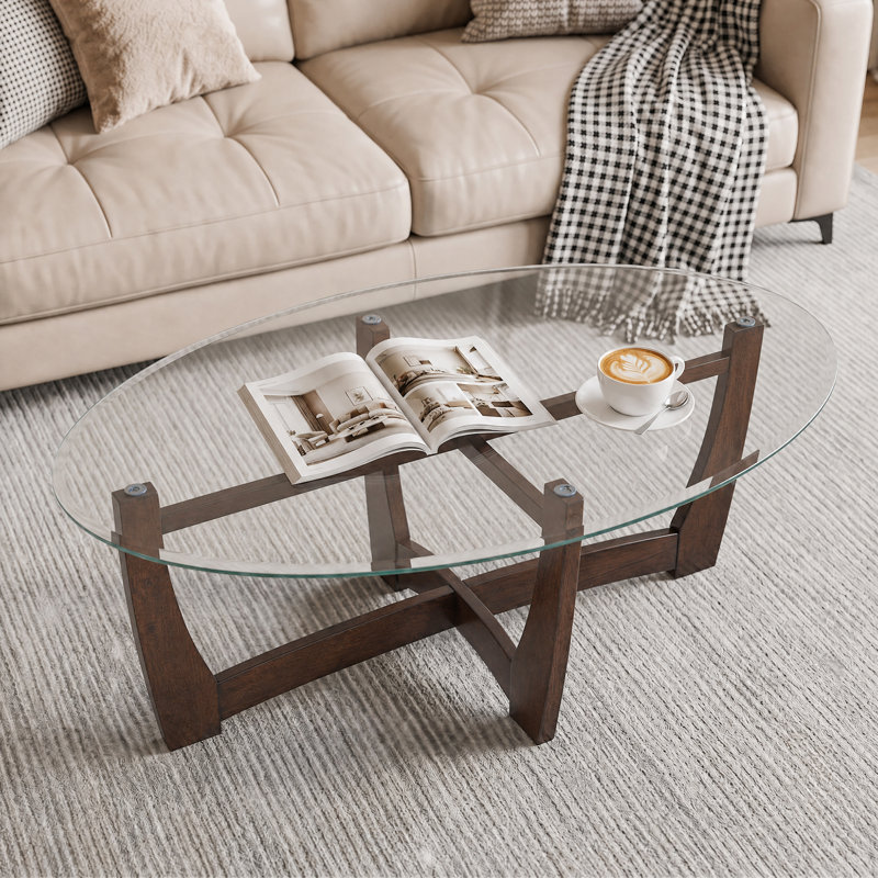 Table basse 48 "ovale en verre avec base en bois, cerisier, Transparent, Cerisier