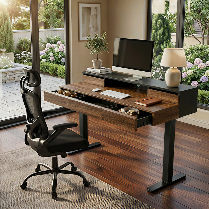 Electric Height-adjustable Desk & Chair Set, 5-drawer Height-adjustable Desk & Ergonomic Office Chair, Black/Brown