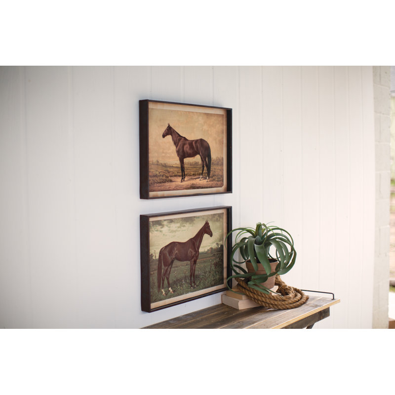  Wall Art, Set of Two Horse Prints Under Glass 16"H, Brown Distressed Wood & Glass Cottage Wall Decor