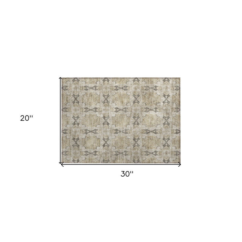 2' X 3' Beige and Gray Floral Medallion Washable Non Skid Indoor Outdoor Area Rug