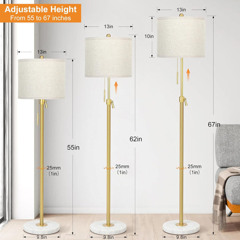 Modern Floor Lamp For Living Room, Adjustable Height Standing Lamp With Marble Base, Gold Tall Pole Light With Linen Shade For Reading Bedroom, Chain Switch, 8W 3-Way Dimmable Bulb Included