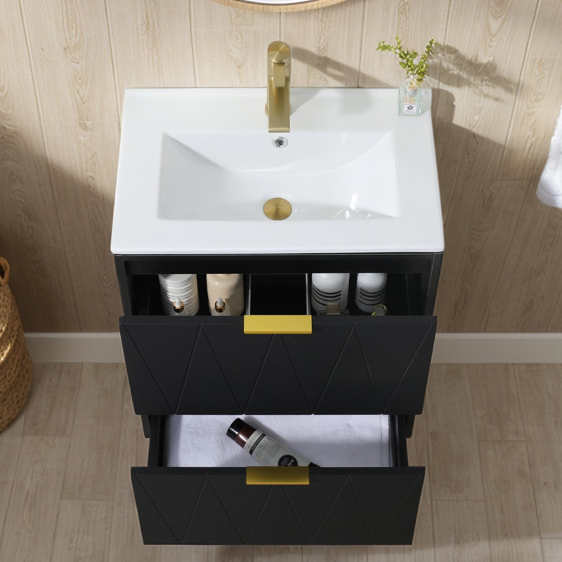 Meuble-lavabo simple 24 po à 2 tiroirs avec plateau en céramique 24 po