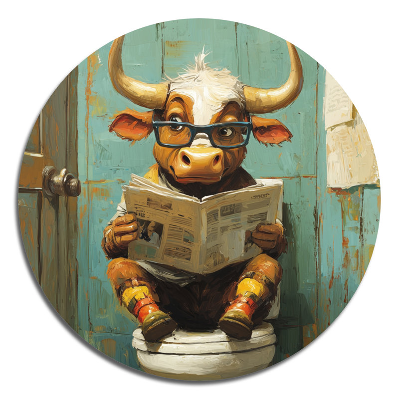 Mignonne vache lisant un journal dans la salle de bain - Vache, art mural rond en métal, H 36 po x l 36 po