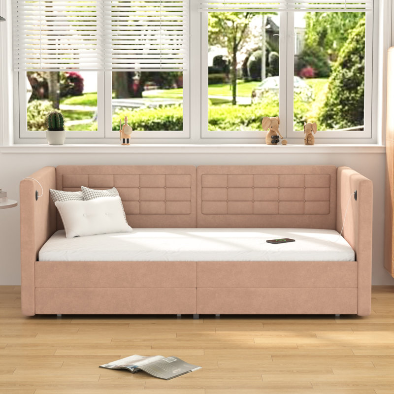 Lit de jour rembourré avec tiroirs de rangement, canapé-lit simple en velours avec ports USB et Type-C, lit d'invité petit espace avec tête de lit capitonnée à boutons et lattes de bois, cadre de lit plateforme capitonné avec station de charge pour chambre à coucher, salon, appartement
