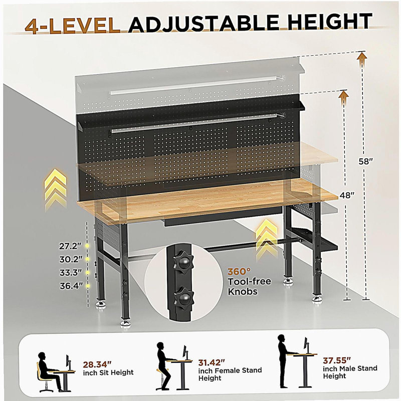 Établi 60 po avec tiroirs, plateau en bois massif, capacité de 2 000 lb, table de travail de garage à hauteur réglable avec prise de courant, lumière DEL, roues ou pieds de nivellement