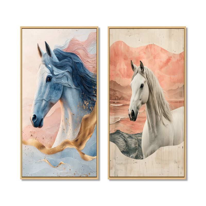Native Art Freedom Unbridled III - Collection d'art mural animaux 2 pièces, H 28 po x l 25 po, Cadre crème crème