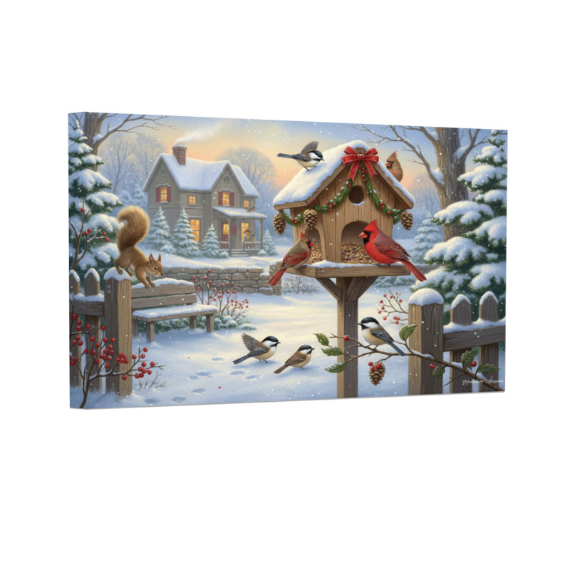 Scène de Noël d'hiver avec oiseaux et écureuil, H 24 po x l 36 po