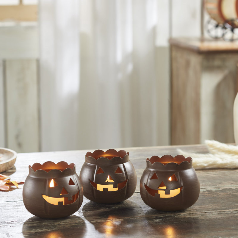 Ensemble de 3 porte-bougies Jack-O-Lantern - 3 x 3,5 x 3,5, Brun