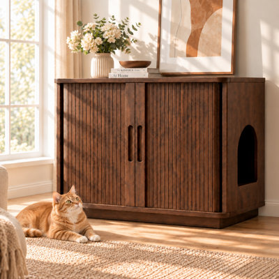 Meuble de rangement pour bac à litière pour chat de 80 cm (31,5 po), avec porte coulissante à tambour et bac à litière dissimulé