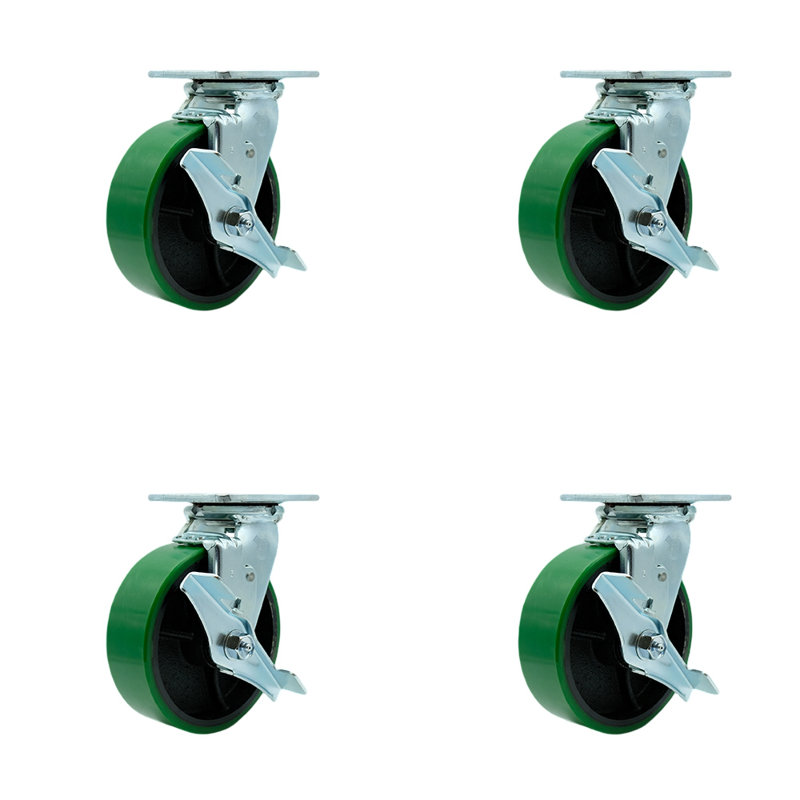 6 Inch Poly on Cast Iron Swivel Caster Set with Roller Bearings and Brakes|SCC-30CS620-PUR-TLB-4