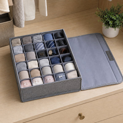 Gray Fabric Sock Organizer Box, Multi-Compartment Drawer Organizer with Lid for Underwear Ties and Accessories